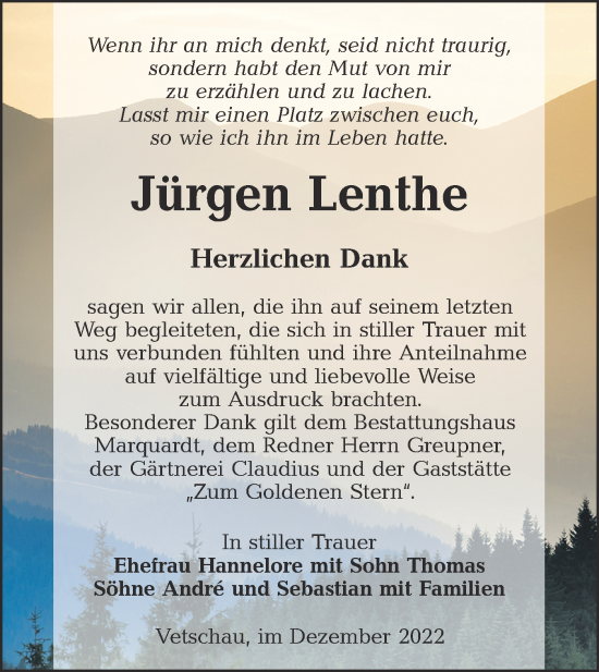 Traueranzeige von Jürgen Lenthe von lausitzer_rundschau