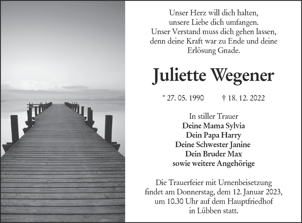  Traueranzeige für Juliette Wegener vom 24.12.2022 aus lausitzer_rundschau
