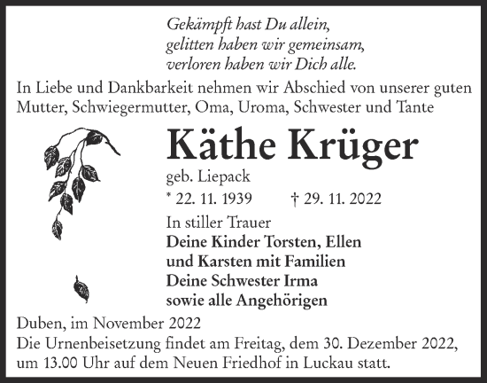 Traueranzeige von Käthe Krüger von lausitzer_rundschau