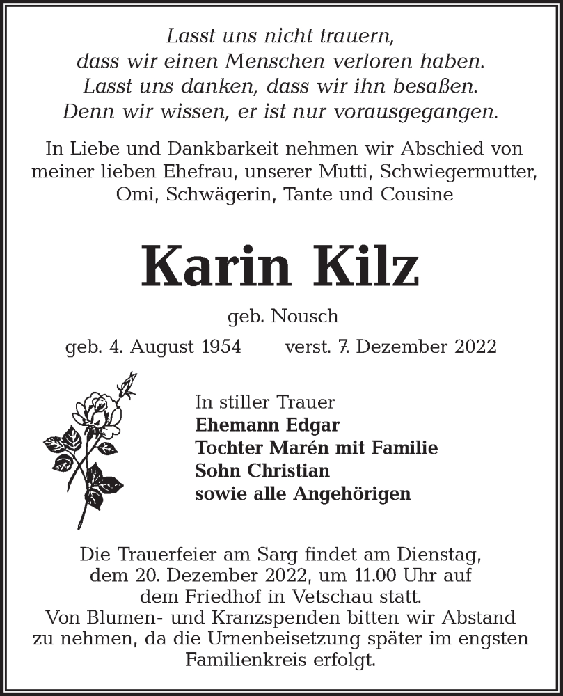  Traueranzeige für Karin Kilz vom 17.12.2022 aus lausitzer_rundschau