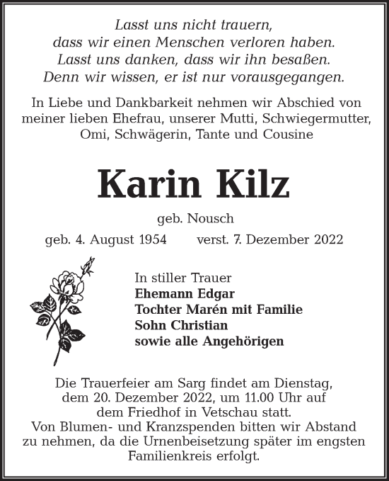 Traueranzeige von Karin Kilz von lausitzer_rundschau