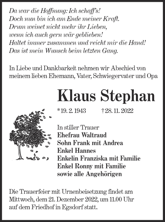 Traueranzeige von Klaus Stephan von lausitzer_rundschau