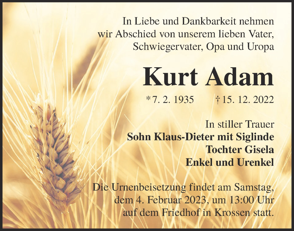  Traueranzeige für Kurt Adam vom 24.12.2022 aus lausitzer_rundschau