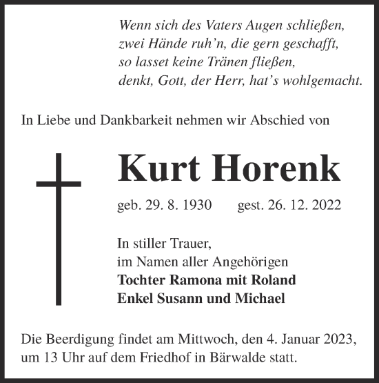 Traueranzeige von Kurt Horenk von lausitzer_rundschau