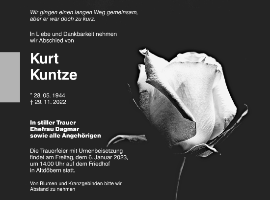 Traueranzeige von Kurt Kuntze von lausitzer_rundschau