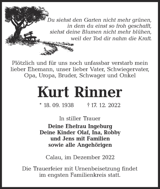 Traueranzeige von Kurt Rinner von lausitzer_rundschau