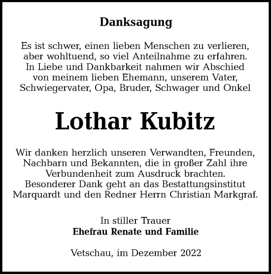 Traueranzeige von Lothar Kubitz von lausitzer_rundschau