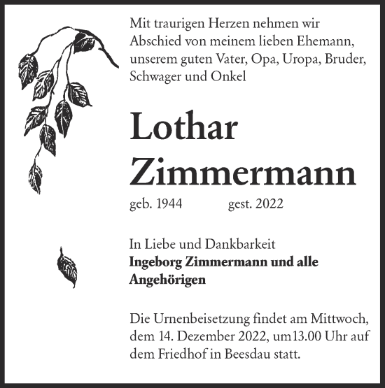 Traueranzeige von Lothar Zimmermann von lausitzer_rundschau