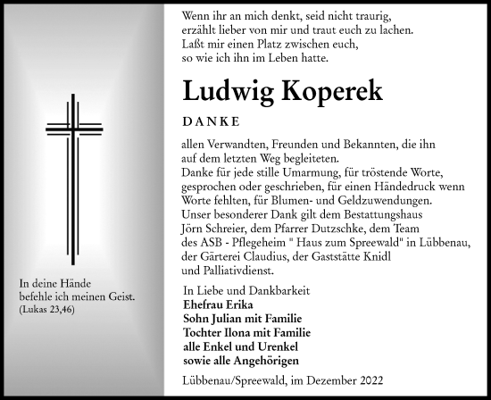 Traueranzeige von Ludwig Koperek von lausitzer_rundschau