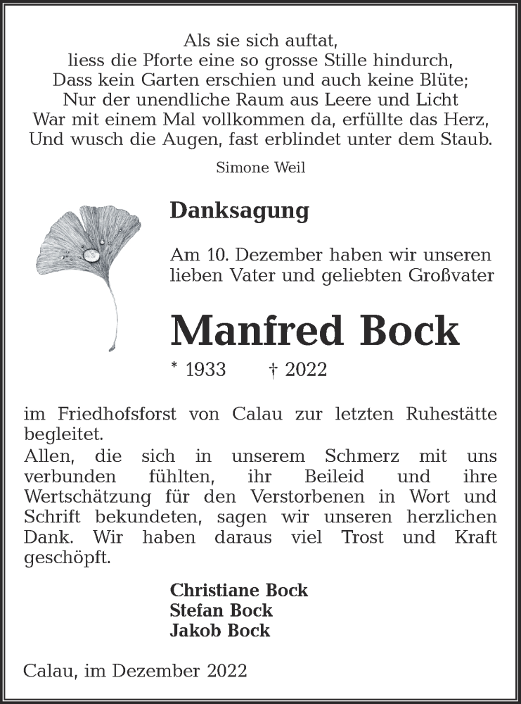  Traueranzeige für Manfred Bock vom 24.12.2022 aus lausitzer_rundschau
