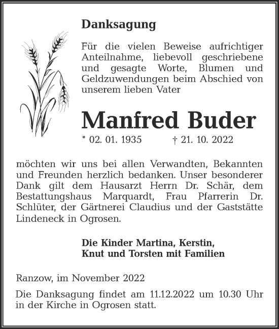 Traueranzeige von Manfred Buder von lausitzer_rundschau