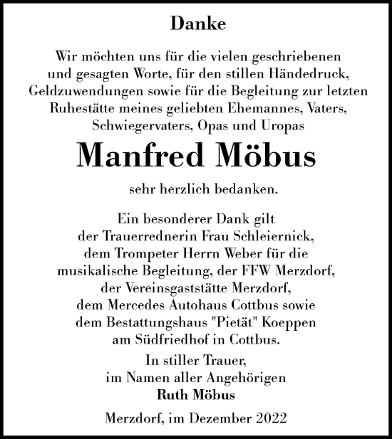 Traueranzeige von Manfred Möbus von lausitzer_rundschau