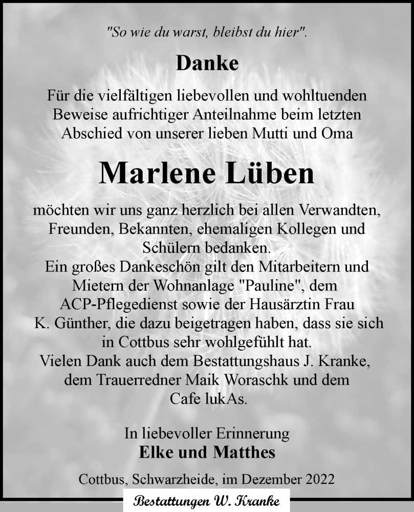  Traueranzeige für Marlene Lüben vom 31.12.2022 aus lausitzer_rundschau