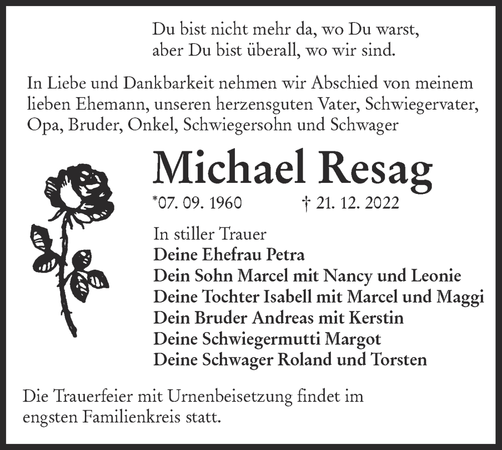  Traueranzeige für Michael Resag vom 31.12.2022 aus lausitzer_rundschau