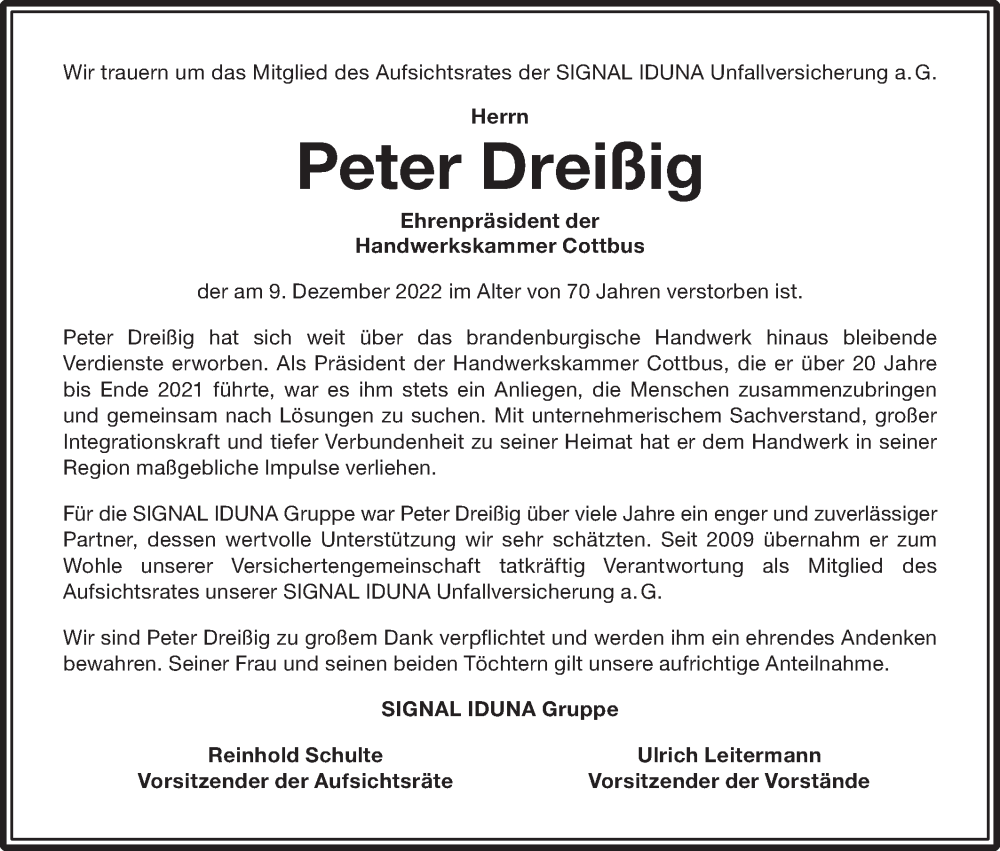  Traueranzeige für Peter Dreißig vom 16.12.2022 aus lausitzer_rundschau