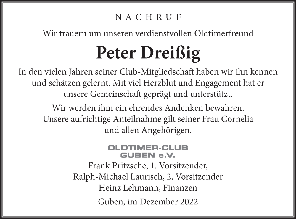  Traueranzeige für Peter Dreißig vom 17.12.2022 aus lausitzer_rundschau