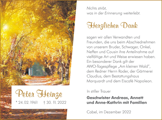 Traueranzeige von Peter Heinze von lausitzer_rundschau