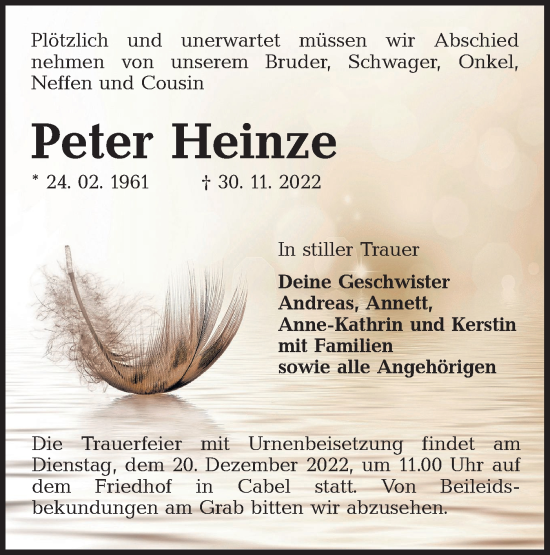 Traueranzeige von Peter Heinze von lausitzer_rundschau