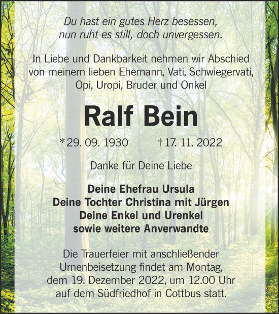 Traueranzeige von Ralf Bein von lausitzer_rundschau
