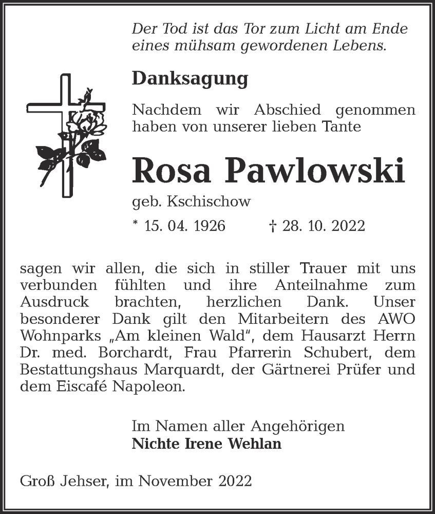  Traueranzeige für Rosa Pawlowski vom 03.12.2022 aus lausitzer_rundschau