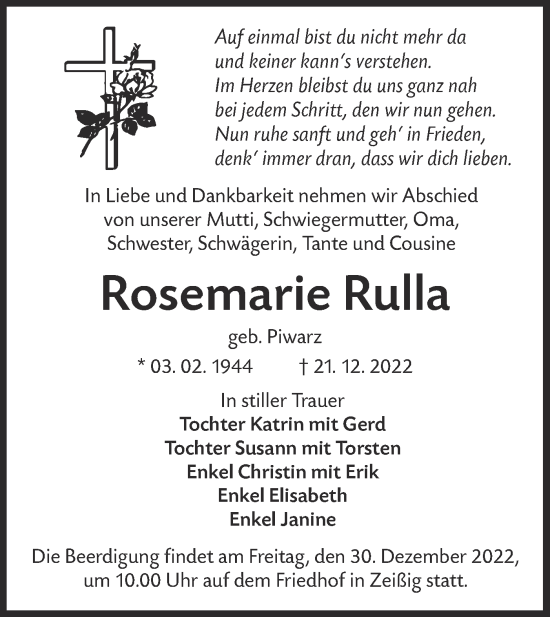 Traueranzeige von Rosemarie Rulla von lausitzer_rundschau