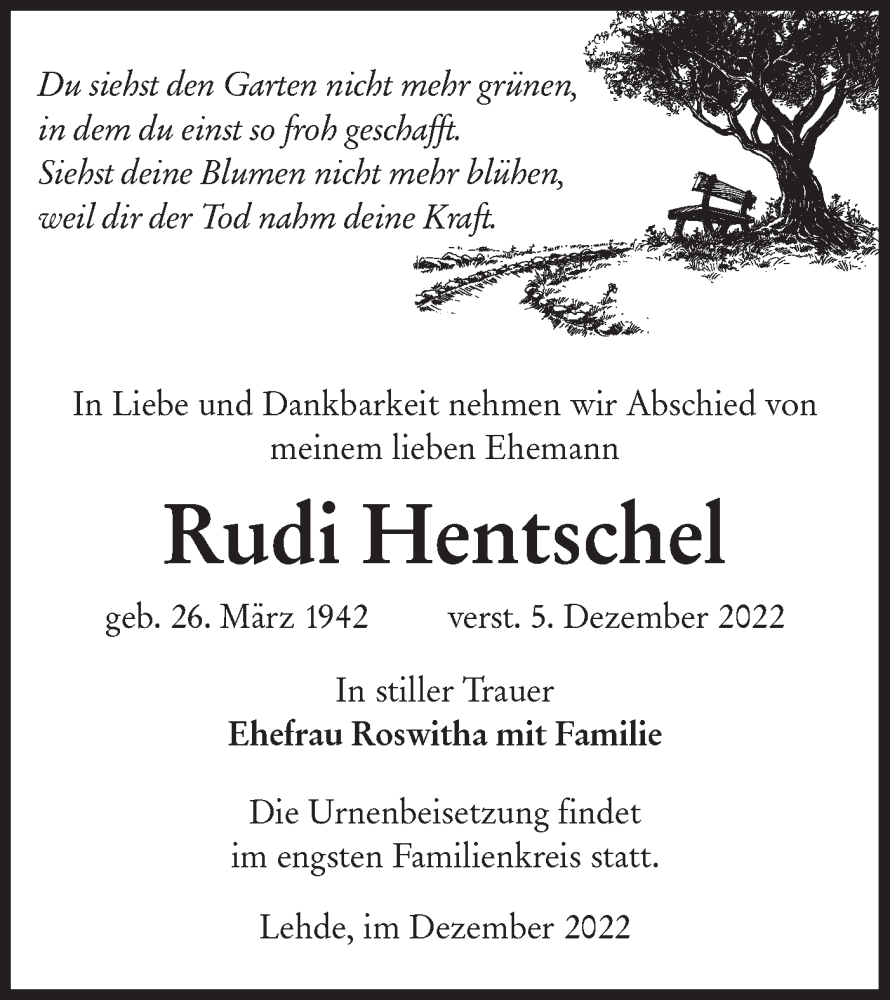  Traueranzeige für Rudi Hentschel vom 17.12.2022 aus lausitzer_rundschau