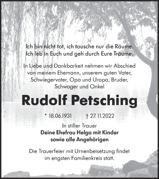 Traueranzeige von Rudolf Petsching von lausitzer_rundschau