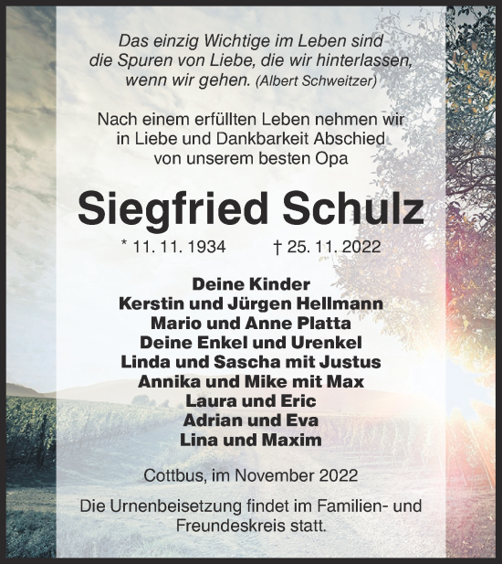 Traueranzeige von Siegfried Schulz von lausitzer_rundschau