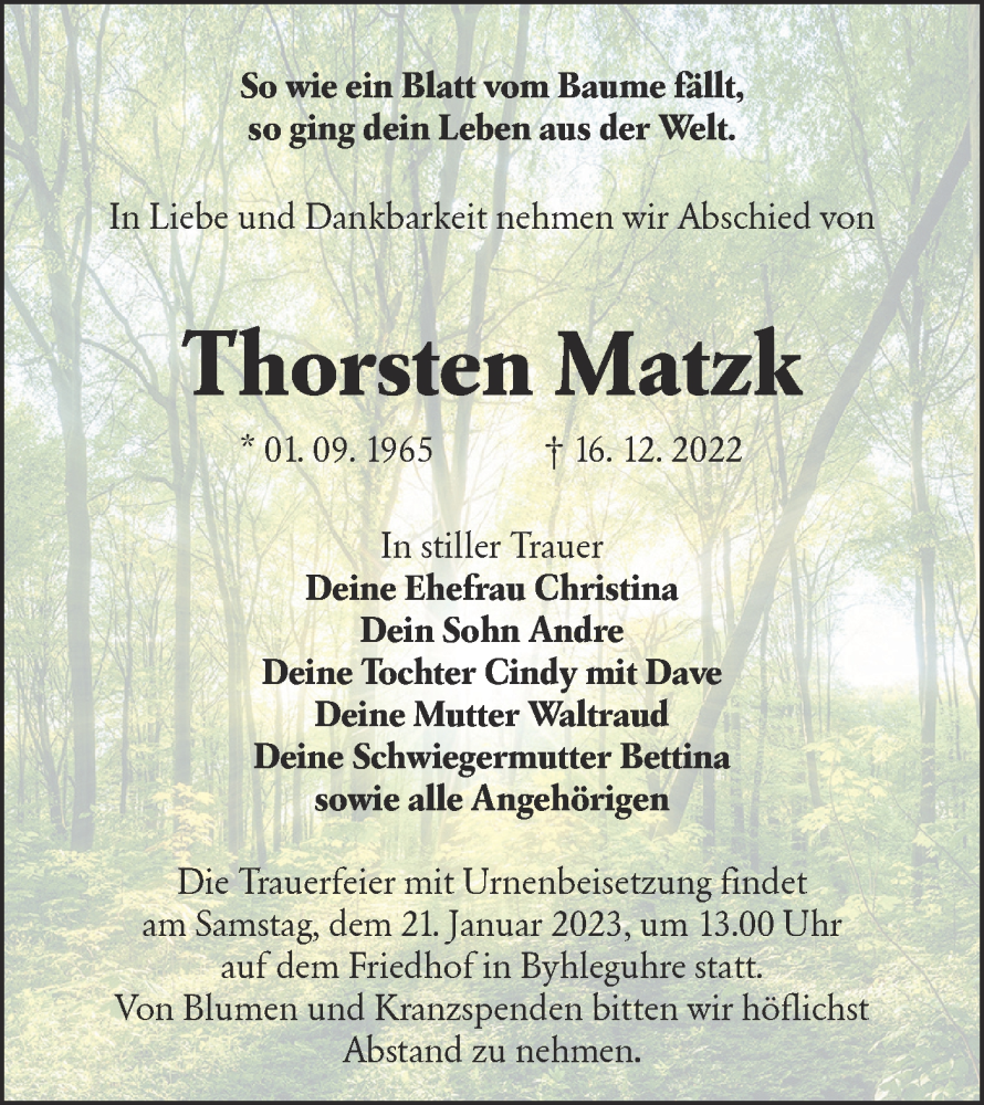  Traueranzeige für Thorsten Matzk vom 31.12.2022 aus lausitzer_rundschau
