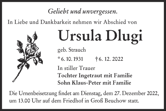 Traueranzeige von Ursula Dlugi von lausitzer_rundschau