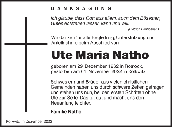 Traueranzeige von Ute Maria Natho von lausitzer_rundschau