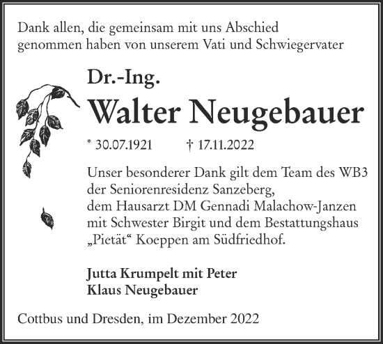 Traueranzeige von Walter Neugebauer von lausitzer_rundschau