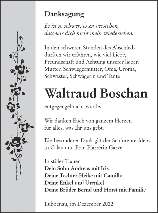 Traueranzeige von Waltraud Boschan von lausitzer_rundschau