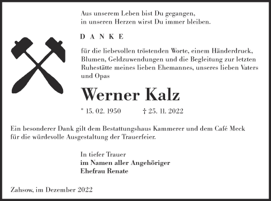 Traueranzeige von Werner Kalz von lausitzer_rundschau