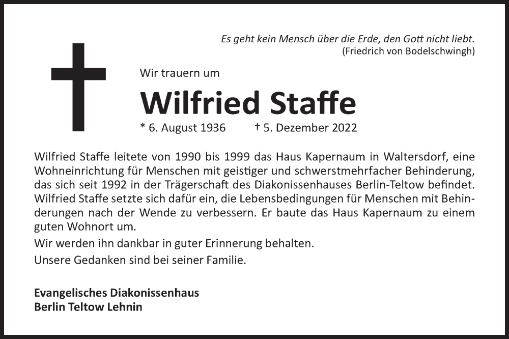  Traueranzeige für Wilfried Staffe vom 17.12.2022 aus lausitzer_rundschau