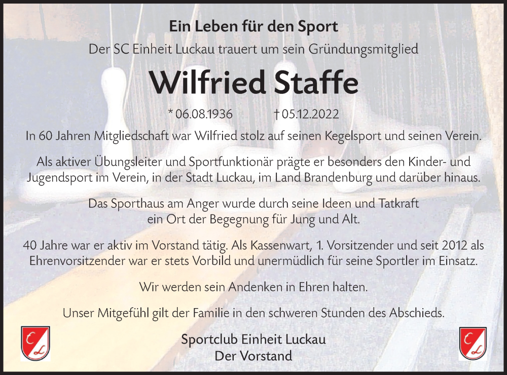  Traueranzeige für Wilfried Staffe vom 17.12.2022 aus lausitzer_rundschau