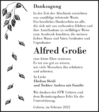 Traueranzeige von Alfred Große von lausitzer_rundschau