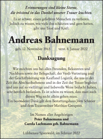Traueranzeige von Andreas Bahnemann von lausitzer_rundschau