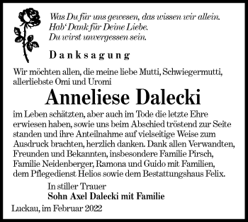 Traueranzeige von Anneliese Dalecki von lausitzer_rundschau