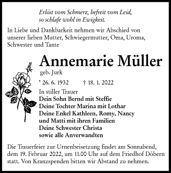 Traueranzeige von Annemarie Müller von lausitzer_rundschau