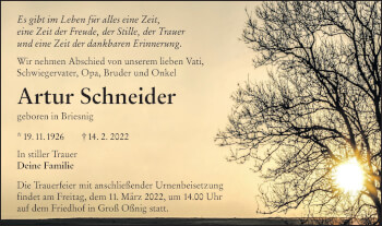 Traueranzeige von Artur Schneider von lausitzer_rundschau