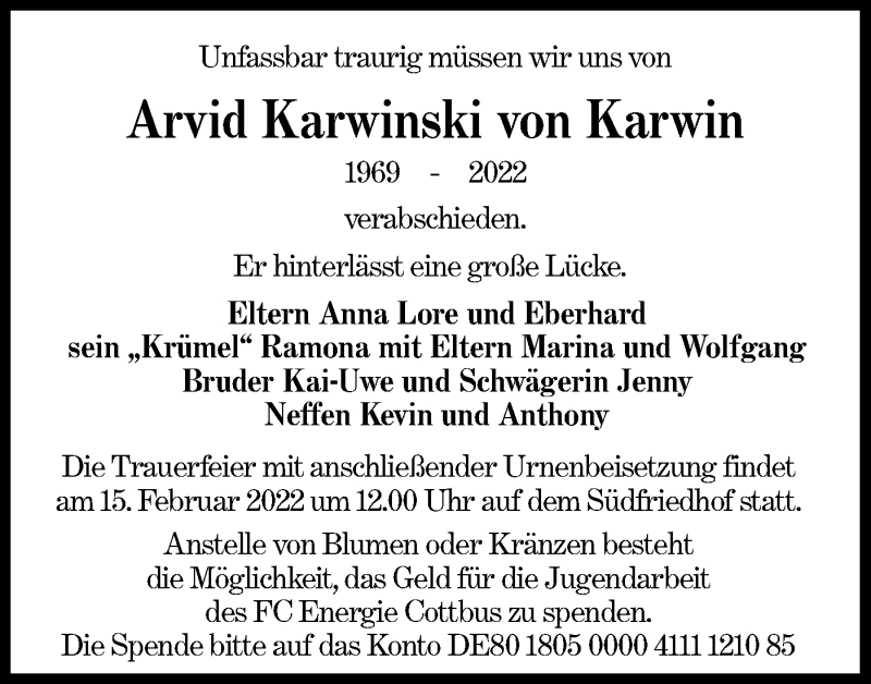  Traueranzeige für Arvid  Karwinski von Karwin vom 05.02.2022 aus lausitzer_rundschau