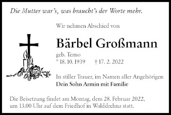 Traueranzeige von Bärbel Großmann von lausitzer_rundschau