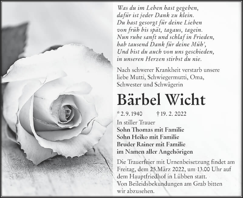  Traueranzeige für Bärbel Wicht vom 26.02.2022 aus lausitzer_rundschau