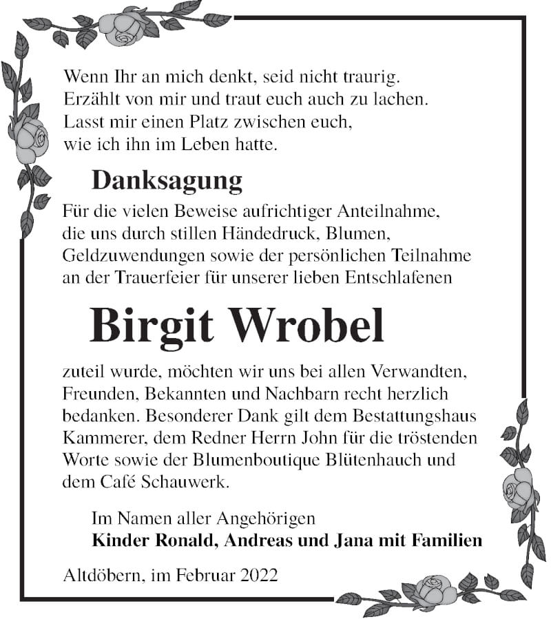  Traueranzeige für Birgit Wrobel vom 26.02.2022 aus lausitzer_rundschau