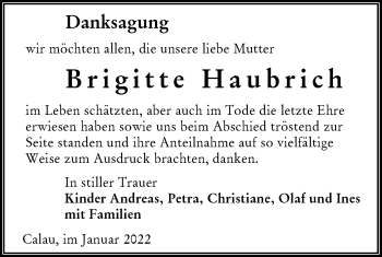 Traueranzeige von Brigitte Haubrich von lausitzer_rundschau