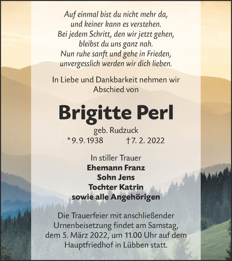  Traueranzeige für Brigitte Perl vom 19.02.2022 aus lausitzer_rundschau