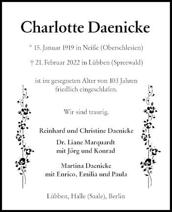 Traueranzeige von Charlotte Daenicke von lausitzer_rundschau