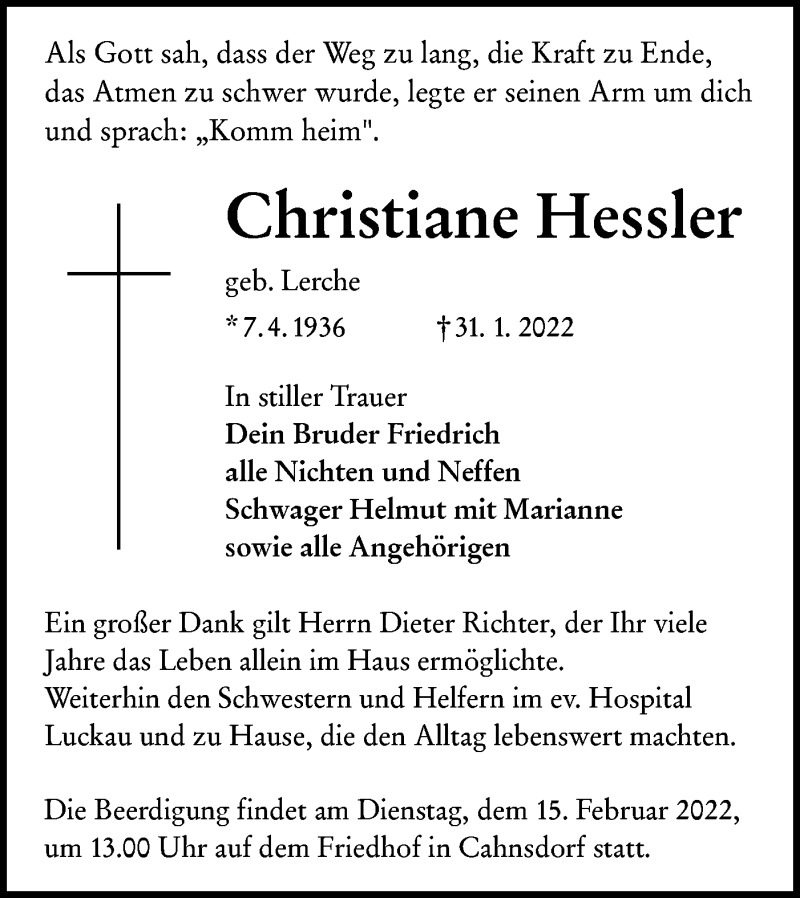  Traueranzeige für Christiane Hessler vom 12.02.2022 aus lausitzer_rundschau