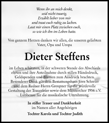 Traueranzeige von Dieter Steffens von lausitzer_rundschau